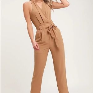 In the City Tan Surplice Sleeveless Jumpsuit